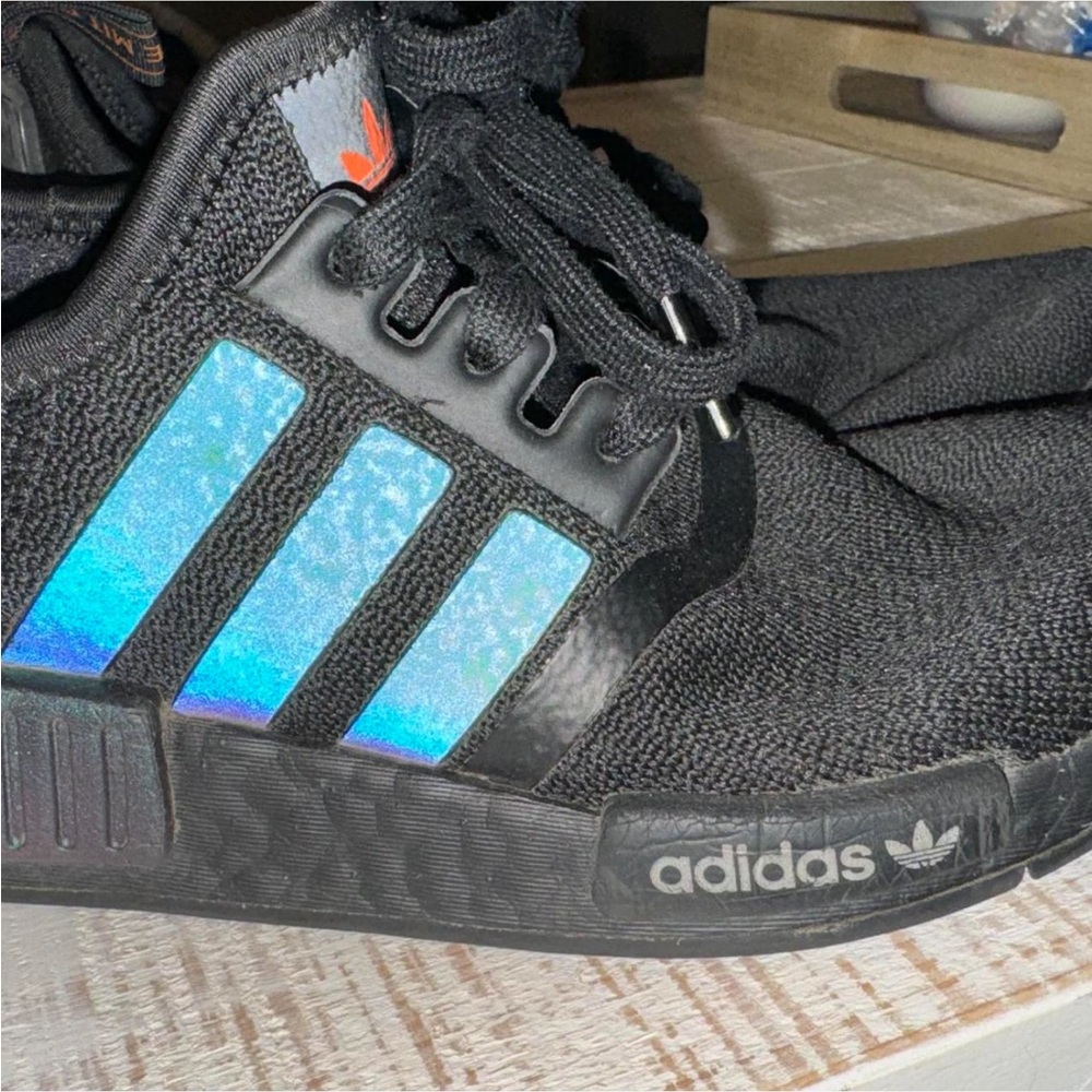 Kids Adidas NMD trainers - black and purple/green/blue